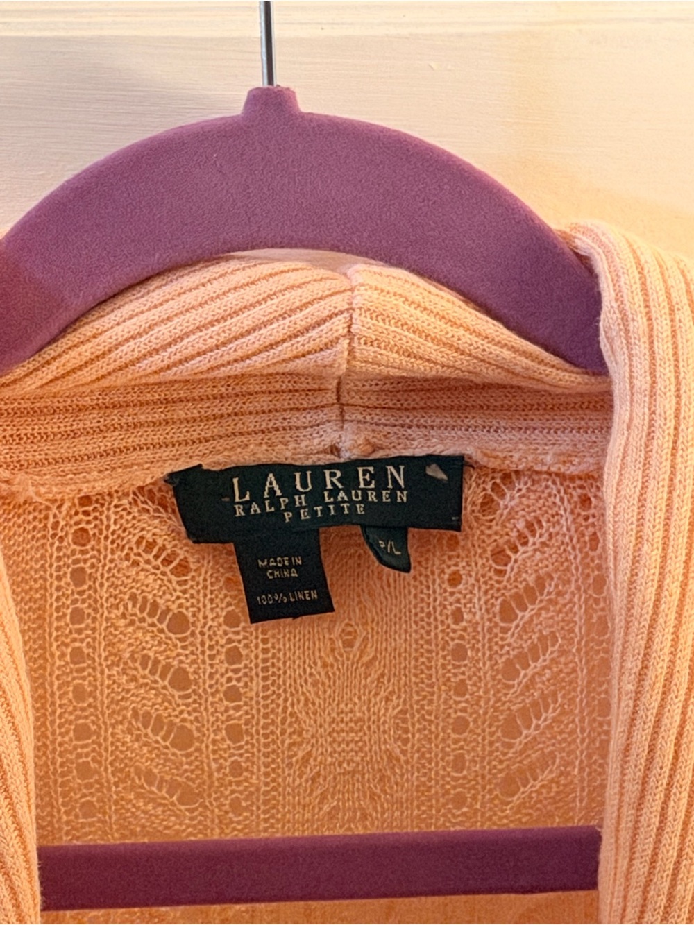 Lauren Ralph Lauren Peach Pointelle Ruffle Shawl-Collar Cardigan - Picture 5 of 5